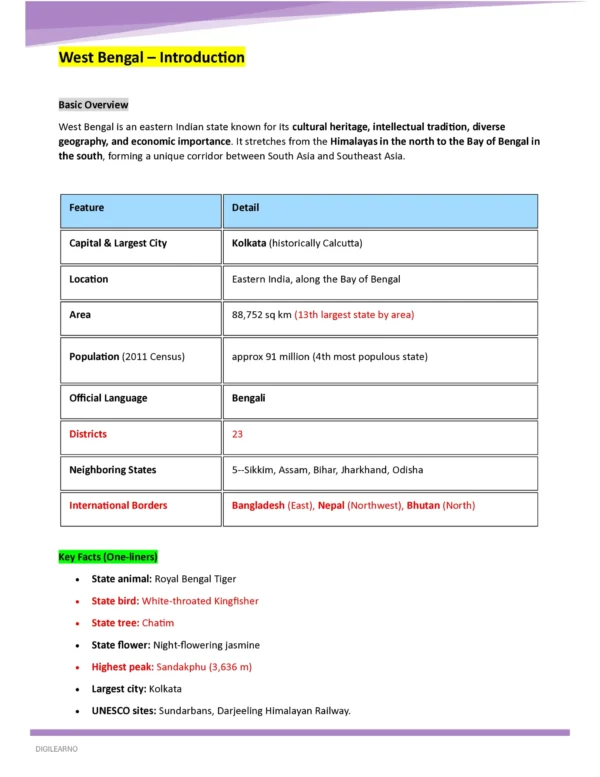 WB: at a Glance (WBCS/WBPSC/WB POLICE/FOOD SI)