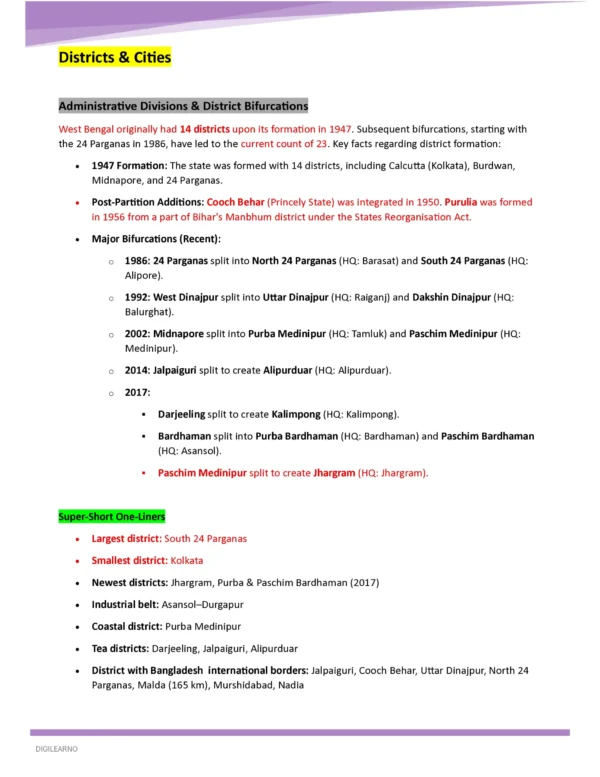 WB: at a Glance (WBCS/WBPSC/WB POLICE/FOOD SI)